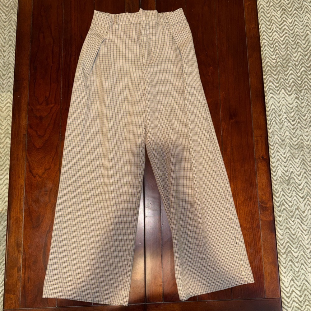 ZARA girls plaid trousers size 11-12 brown houndstooth elastic waist long